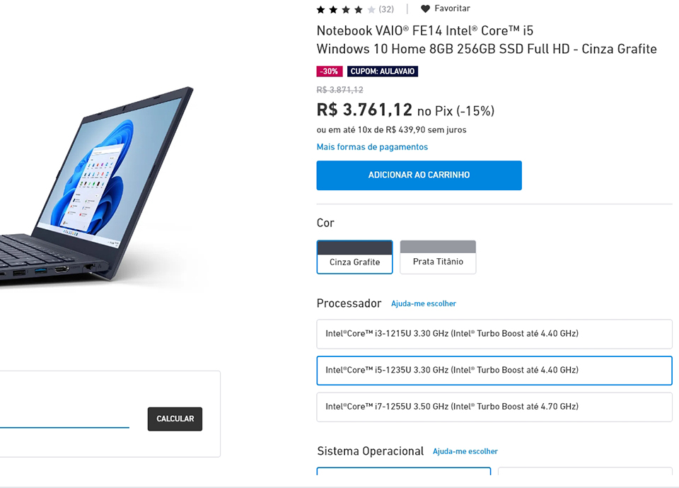 Página de produto VAIO