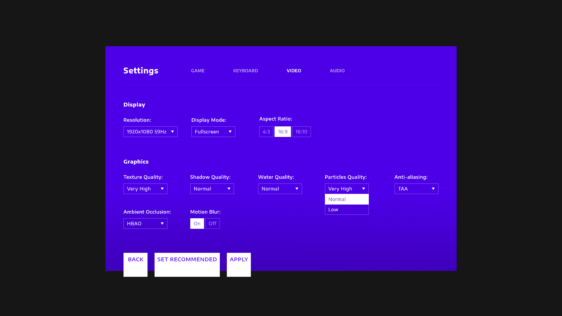 Interface para settings (configurações) de um jogo.