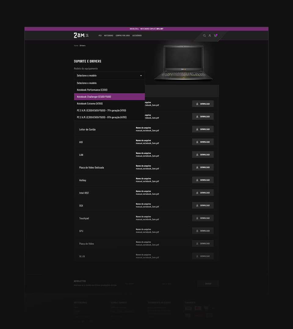 Screenshot da página de suporte e drivers